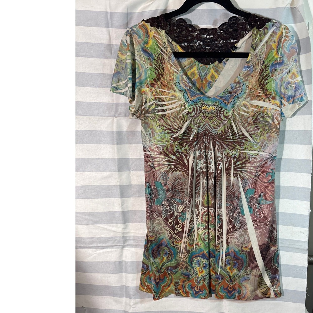 Apt. 9 Womens Medium Multi Color Paisley Crochet Lace Back Rhinestone V-Neck Top
